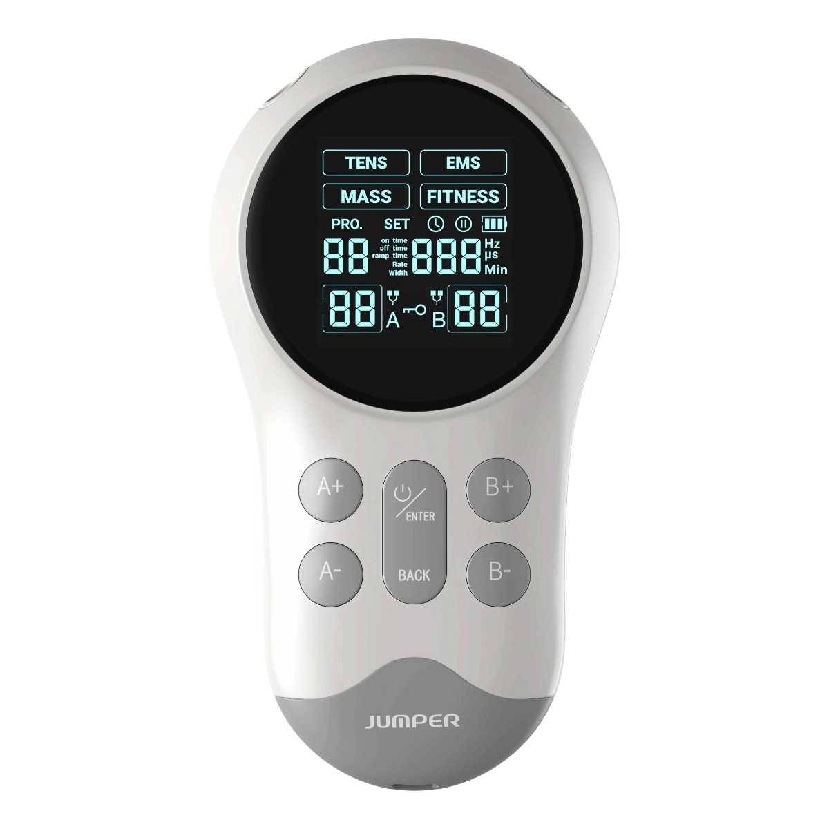 TENS-apparaat met verlicht LCD-scherm en bedieningsknoppen voor de Vitality Pro TENS van Jumper Vitality